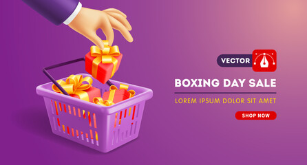 Advertising banner template. Hand putting gifts in shopping basket. Realistic 3d pink shopping product cart on violet background. Boxing day or sale advertisement. Place for text. Vector illustration
