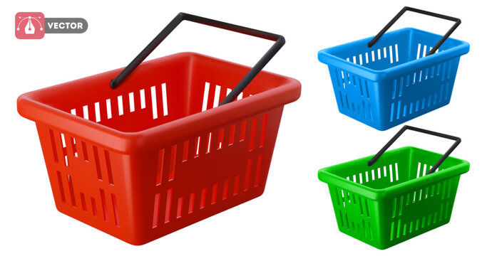 Empty shopping basket set. Realistic 3d shopping cart in different colors, red, blue, green, isolated on white background. Vector illustration