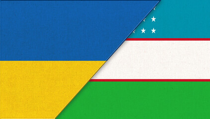 Flag of Ukraine and Uzbekistan. Ukrainian and Uzbek flags on fabric texture