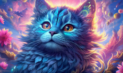 mystische Katze in Blau. generative KI