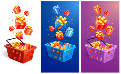 Shopping cart full of gifts. Realistic 3d gift boxes fly and fall to shopping cart. Set of different colors, red, blue, pink, isolated on white background. Vector illustration - obrazy, fototapety, plakaty