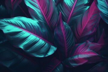 purple plant background night neon tropical exotic leaf art jungle minimal. Generative AI.