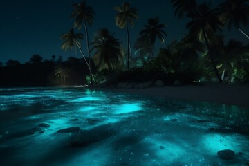 Fototapeta na wymiar sky vacation blue night beach ocean paradise palm luminous tree tropical. Generative AI.