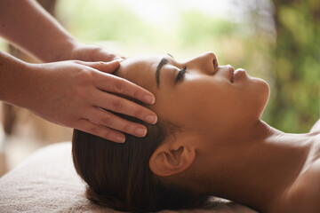 Girl, hands or head massage in hotel spa for zen resting, sleeping wellness or relaxing physical...