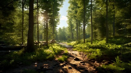Fototapeta premium Summer Forest landscape illustration with run rays. AI Generative Art.