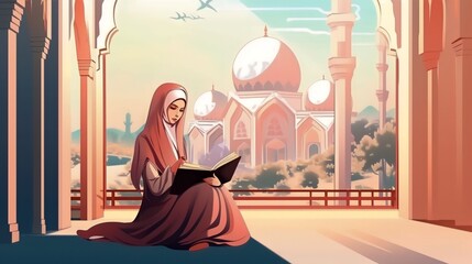 Muslim women sitting and holding Quran with view of mosque, background illustration, Generative AI