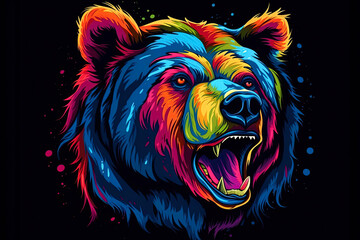 Abstract neon portrait of a bear's head, a grizzly in the style of pop art highlighted on a black background. Generative AI illustration. Graphics.