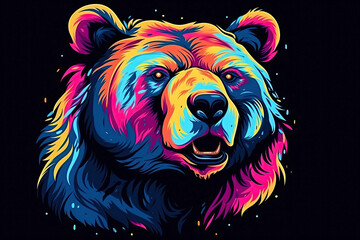 Abstract neon portrait of a bear's head, a grizzly in the style of pop art on a black background. Generative AI illustration
