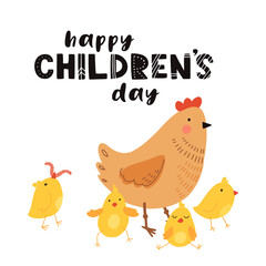 Greeting card for international children's day. cute mommy and baby chicken in cartoon style. Hen mom and chicks colorful illustration for childrens book, postcards and posters.