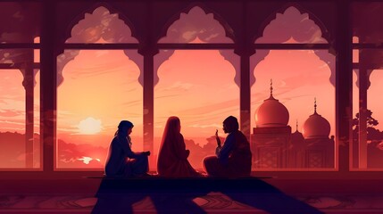 Naklejka na ściany i meble Muslim women sitting and holding Quran with view of mosque, background illustration, Generative AI