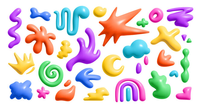 3d render color abstract liguid shape. Kid doodle graphic element. Cute cloud, flower shape, star, wave, rainbow, doodle in trendy moden style. Vector cartoon illustration