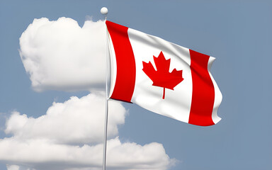 Canadian flag waving against blue sky. Generative AI