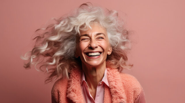 Happiness radiates from a senior woman in a pink studio. Generative AI