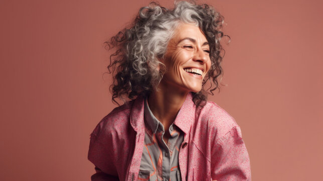 A joyful senior woman glows in her colorful attire. Generative AI