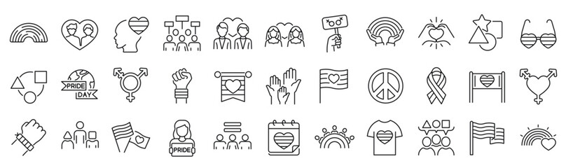 Set of line icons related to pride month, pride parade, lgbt, diversity inclusion, diversity. Outline icon collection. Editable stroke. Vector illustration - obrazy, fototapety, plakaty
