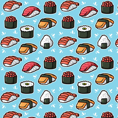 seamless pattern of sushi and rice doodle hand drawn