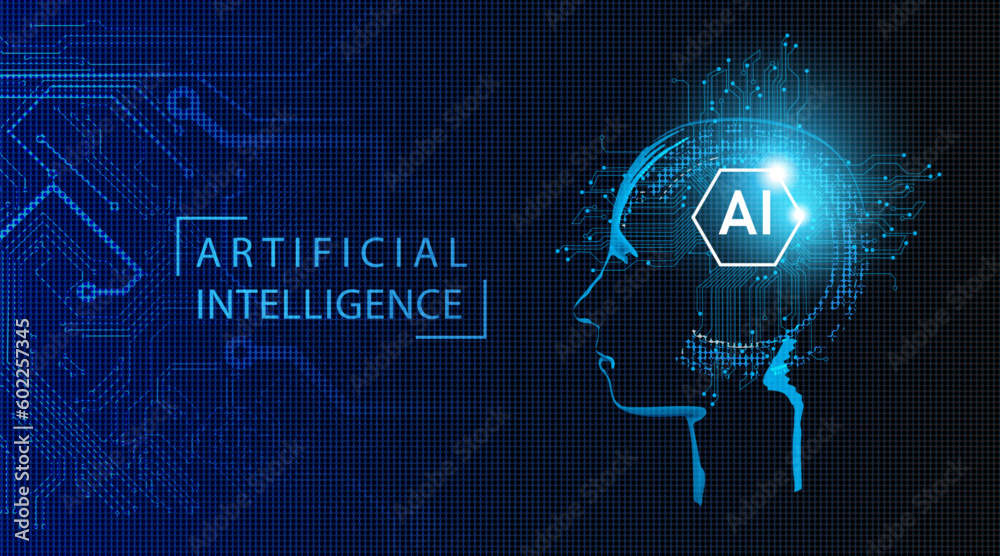 Fototapete Ai robot of binary coding processing over blue background with circuit board and circle tech.Vector illustration