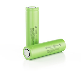 Rechargeable lithium ion batteries - li-ion cell batteries type 18650 isolated on white - obrazy, fototapety, plakaty