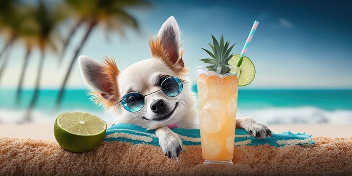 Chihuahua dog is on summer vacation at seaside resort and relaxing rest on summer beach of Hawaii Generative AI