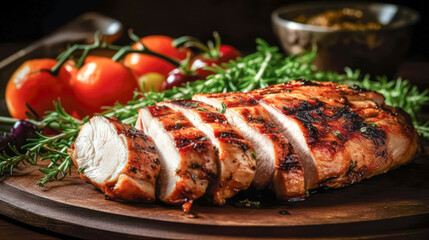 Closeup of tasty roast chicken breast served on wooden board. Delicious food. Grilled chicken. Generative AI