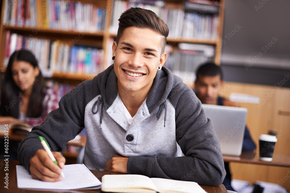 Poster education, writing and happy with portrait of man in library for study, research or classroom quiz. 