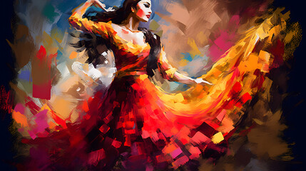 Flamenco Spanish Dancers abstract art with vivid passionate colours, digital art. - obrazy, fototapety, plakaty