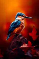 Autumn scene with a perched common Kingfisher surrounded by orange leaves. AI Generative Art.