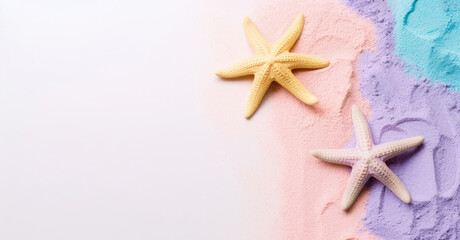 Summer concept with colorful sand and starfish on white background, top view, generative ai