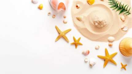 Summer concept with colorful sand and starfish on white background, top view, generative ai