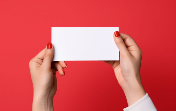 A white paper with empty spaces for messages or memos being held by a woman's hand.  Generative AI 