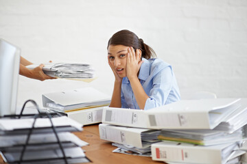 Secretary, paperwork and workload stress from office, documents and company employee, tired and...