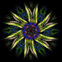 Spirograph style colourful pattern and design in red colours on a plain black background