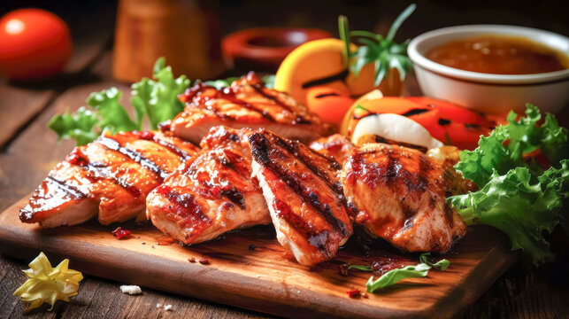 Closeup of tasty roast chicken breast served on wooden board. Delicious food. Grilled chicken. Generative AI