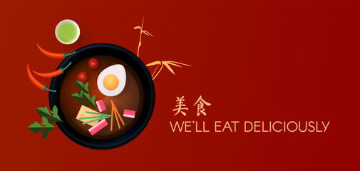 Asian food 3D concept. Hogo with pork, tofu, greens and egg on dark background. Traditional Chinese cuisine.