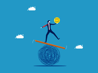 Stress management or emotional control. Businessman balancing on messy lines with positive energy vector