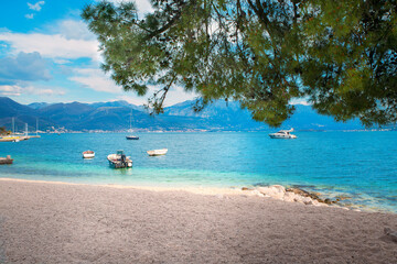 Beach in Montenegro in the town of Herceh Novi overlooking the Bay of Kotor