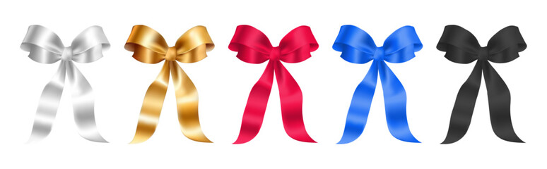 Set of realistic satin ribbon bows in different colors. white,golden,red,blue,black,Vector illustration.