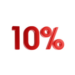 3d renderin. Red ten 10 perecent percent sign isolated on white. 3d rendering.