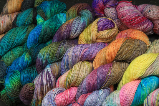 Multiple Skeins Of Colourful Handdied Sock Yarn, Sock Wool, With Extreme Vibrant Colours For Knitting Socks And Other Craft Projects As A Hobby.