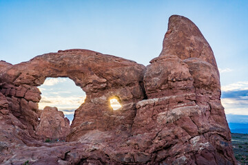 dusk at turret arch in arches national park in utah usa
