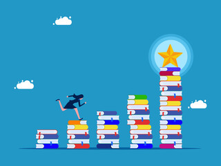 Success and learning never stop. woman running on stairs stack of books with stars vector