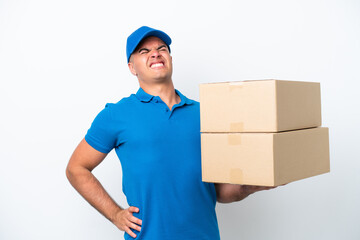 Delivery caucasian man isolated on white background suffering from backache for having made an effort