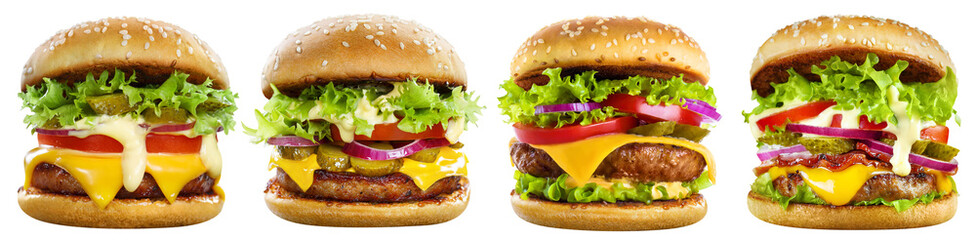 Set of tasty burgers cut out - obrazy, fototapety, plakaty