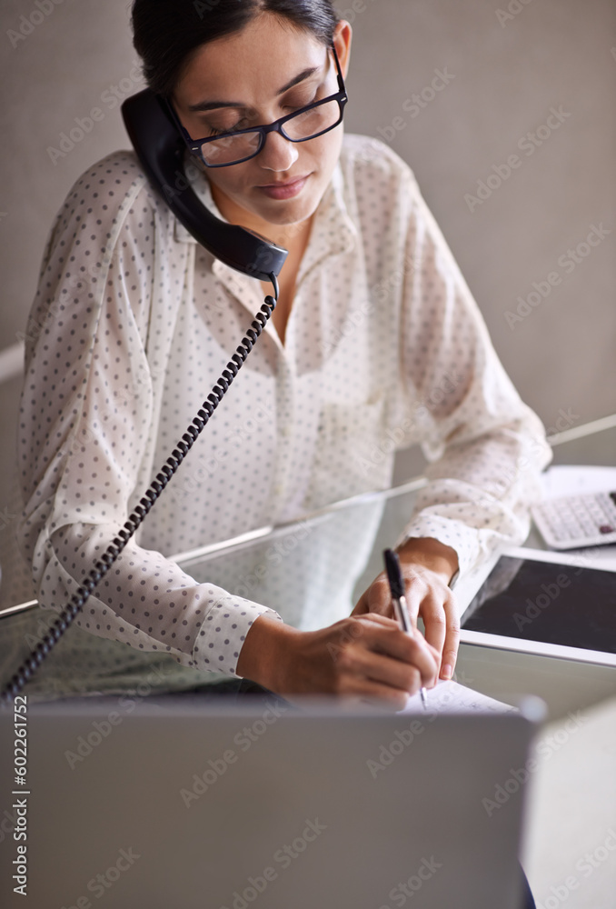 Aufkleber telephone, write and female secretary on a call doing research on internet with laptop. technology, 