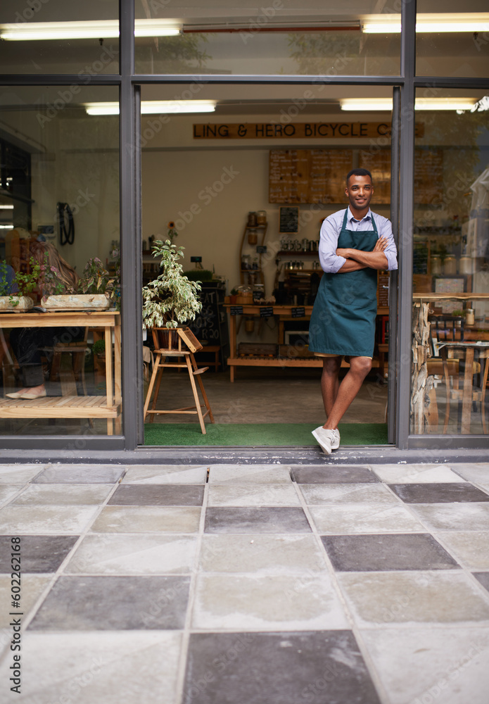 Poster Welcome portrait, coffee shop and man as small business owner at front door with a smile. Entrepreneur person as barista, manager or waiter in restaurant for service, career pride and startup goals