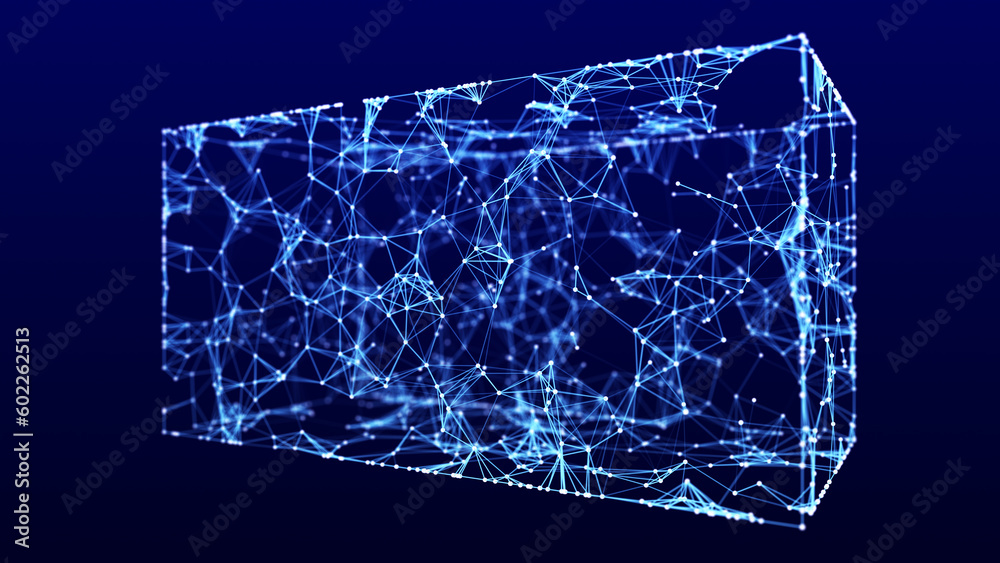 Fototapete Blue rectangle of lines and dots. Blockchain technology. Abstract digital background. Glowing plexus. Big data. Network or connection. Science background. 3d rendering