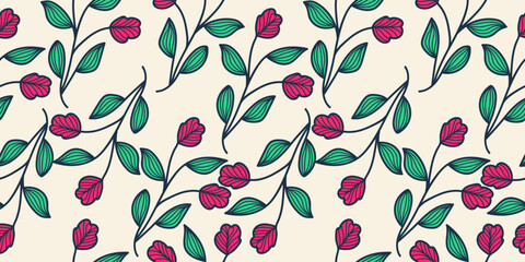 Hand Drawn Seamless Floral Pattern with Vintage Style. Flower Motif for Fashion, Wallpaper, Wrapping Paper, Background, Fabric, Textile, Apparel, and Card Design