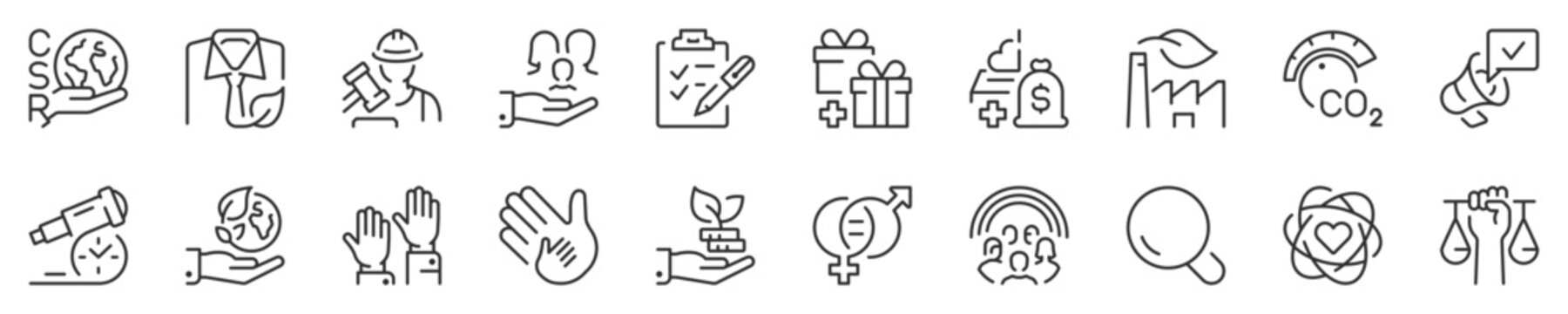 Line icons about corporate social responsibility, thin line icon set. Symbol collection in transparent background. Editable vector stroke. 512x512 Pixel Perfect.