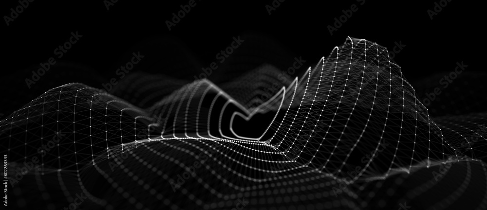 Poster Abstract black background of points. Wave of particles. Falling cyber particles. Big data stream. 3d rendering