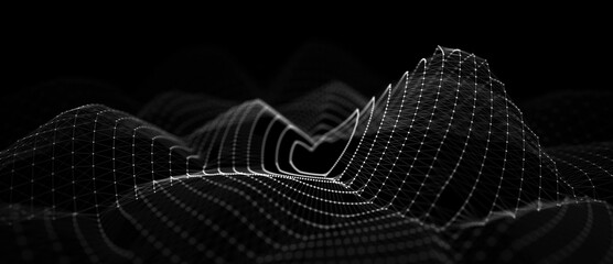 Abstract black background of points. Wave of particles. Falling cyber particles. Big data stream. 3d rendering